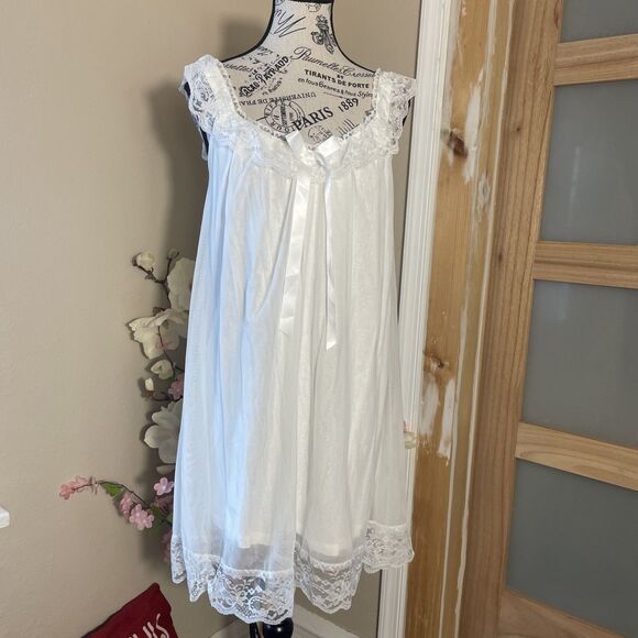Other - White Sheer Chiffon Lace Trim Nightgown Romantic Bridal Lingerie Slip Dress M